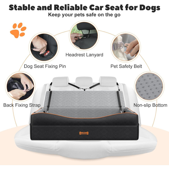 Автокрісло для собак великих порід, лежанка-софа з товстим шаром піни та 2 страхувальними ременями, автокрісло для собак середніх та маленьких порід (до 45 кг), чорний/сірий колір, L