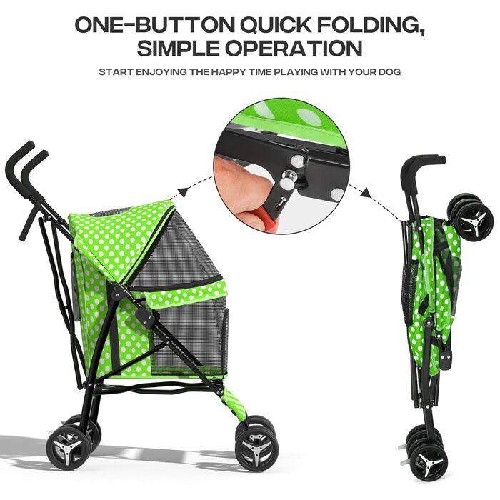 Візок для собак маленьких порід, 4,5-10 кг, візок для цуценят, візок для середніх собак, візок для котів, візок для 2 котів, задній простір для зберігання, леопардовий принт (зелені крапки)
