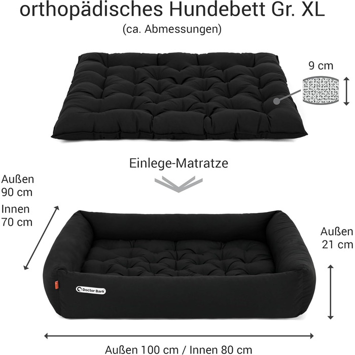 Ортопедичне ліжко для собак Doctor Bark - миється до 95°C, гігієнічне, без запаху, з м'якою підстилкою, для середніх собак (XL, 100x90 см, чорне)