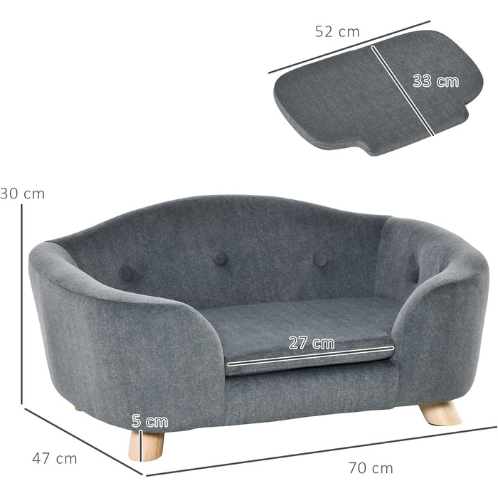 PawHut лежанка для собак, ліжко-софа для кошенят та цуценят з дерев'яним каркасом, сірий колір, 70 x 47 x 30 см