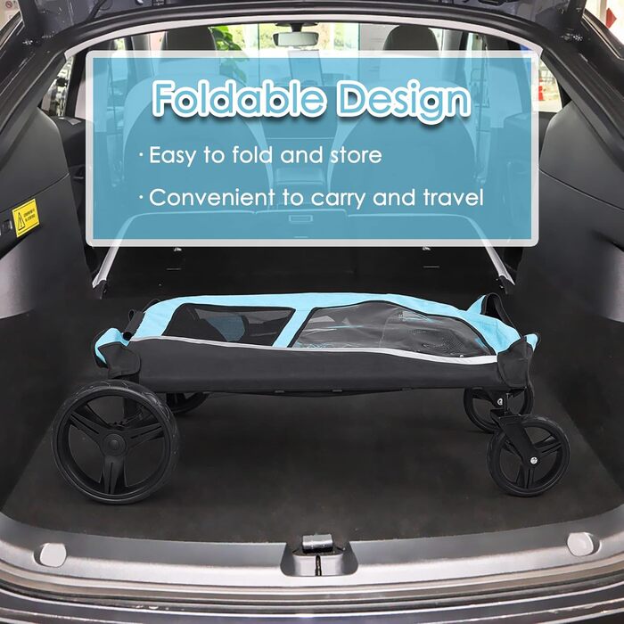 Візок для собак великих порід, прогулянковий візок для собак, великий візок для тварин, складаний, з регульованою ручкою та сумкою, до 59 кг, блакитний