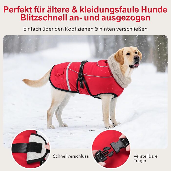 Водонепроникний зимовий одяг для собак, теплий флісовий одяг для великих собак, з регульованими ременями, світловідбиваючі смуги, підходить для лабрадорів, оливковий, червоний (3XL)