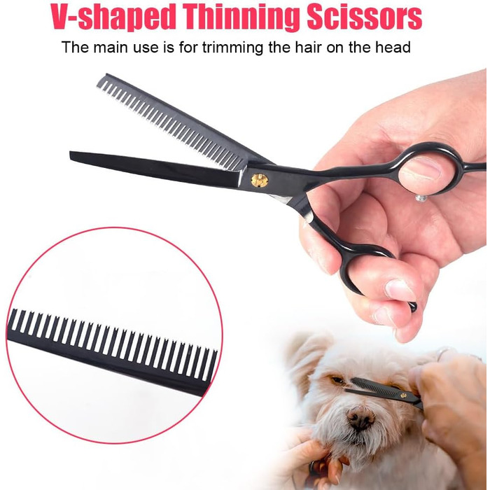 Набір ножиць для собак 7 дюймів, професійний 5-в-1 з нержавіючої сталі, включаючи ножиці для фінальної обробки, вигнуті та прямі ножиці, гребінець для грумінгу, серветка для чищення, кейс для зберігання, регулювальний гвинт, для собак та котів, чорний