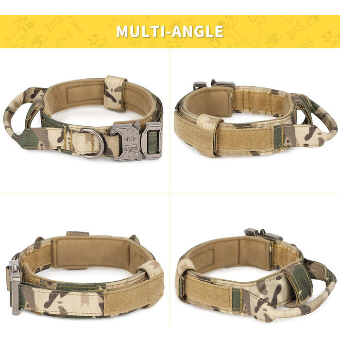 Тактичний нашийник для собак Huntvp, регульований, з ручкою контролю, з нейлону, з підкладкою, металева застібка, для середніх собак, для полювання, тренувань, активного відпочинку, камуфляж M