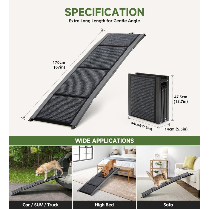 Рампа для собак Hunderampe, 170 см, складана, для авто, з неслизькою поверхнею, до 113.4 кг, легка та портативна