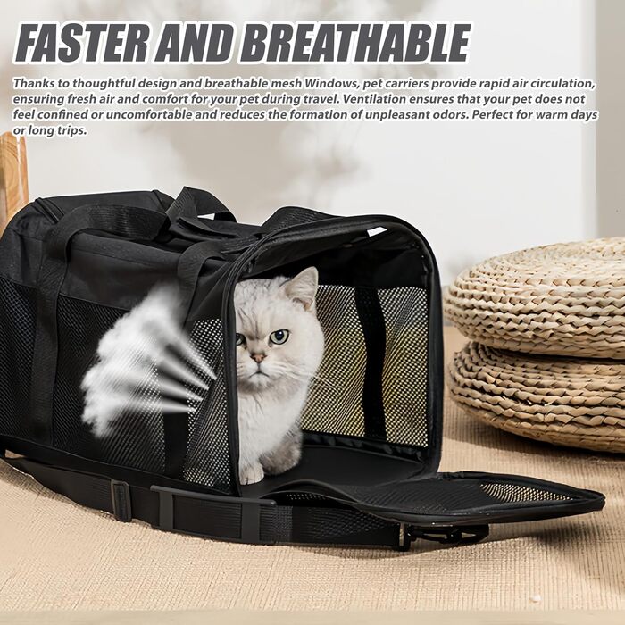 Транспортна переноска для котів та собак, 42x27x28 см, чорна: складана, з мискою для їжі