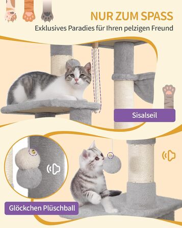 Когтедрашка для котів Hzuaneri, 149 см, з 5 когтеточками, платформами, будиночком, помпонами, сірого кольору MS14918LG