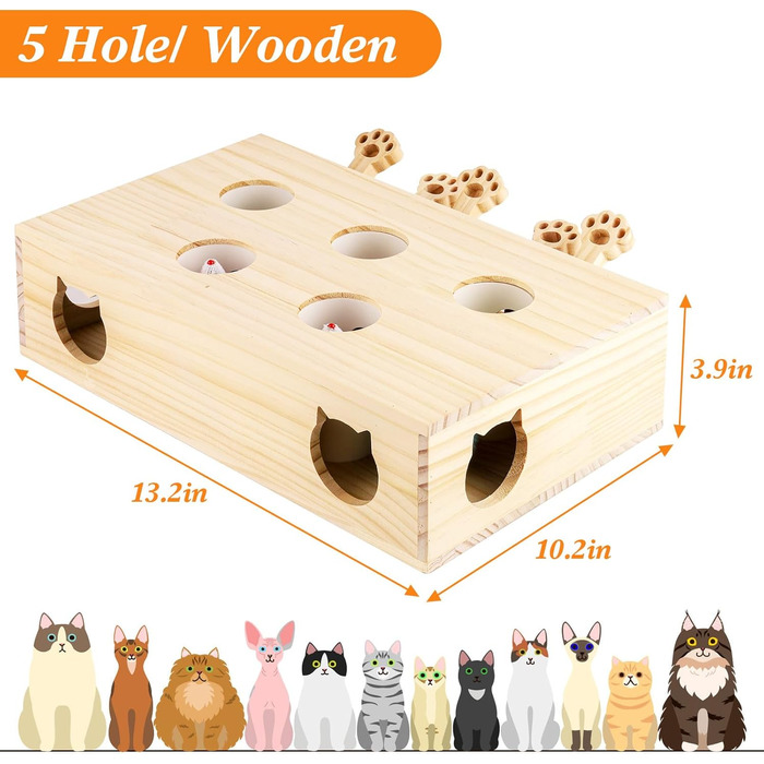 Інтерактивна іграшка для котів BOHJPIS з дерева: мишка-молот, пазл-коробка з іграшками, 5 отворів для тренування та розваг