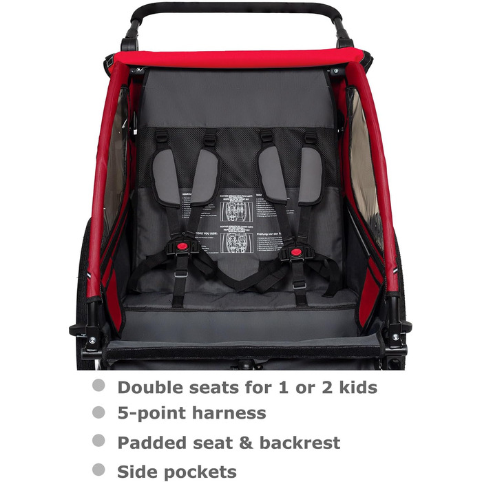 Дитячий велопричіп Tiggo VS 2в1 з амортизацією та поворотним з'єднанням 360° - для 1-2 дітей (до 40 кг), червоний