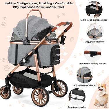 Візок для собак MAMIZO 4-в-1, до 25 кг, з амортизаторами, складний, для котів та собак (сірий)