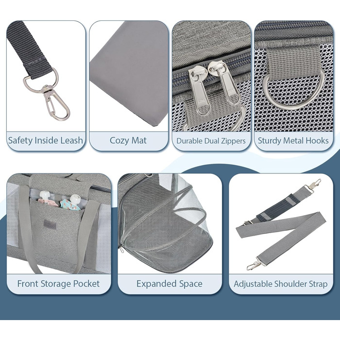 Розширювана переноска для котів та собак великого розміру на 2 тварин - переноска-рюкзак для котів та маленьких/середніх собак з розширенням з обох сторін, знімним вкладишем та кишенею для зберігання, сірого кольору - велика