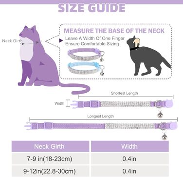 Нашийник для котів ExPawlorer з дзвіночком та стразами, на м'якому оксамиті, регульований, безпечний, для котів та маленьких собак, 2 шт., 9'-12' (Синій та фіолетовий)