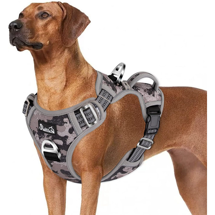 Шлейка для собак Eyein для великих собак, анти-тягу, з 2 карабінами та зручною ручкою, регульована та світловідбиваюча, з м'якою підкладкою, для щоденних тренувань (Tarngrau, XL), XL (55-83см, 50-94см) Tarngrau