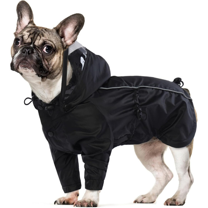Водонепроникний дощовик для собак, чорний, розмір S. Дощовик для маленьких собак з капюшоном, на кнопках.