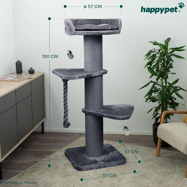 Котячий комплекс HAPPYPET Freddy 150 см для великих котів, міцний когтеточка для мейн-кунів, натуральний сизаль, стовпи 20 см, сірий, преміум-якість