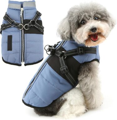 Зуена Тепла куртка для собак на зиму з поворотком для шлейки, світловідбиваючі елементи, водонепроникна, флісова підкладка, XS/S, блакитна