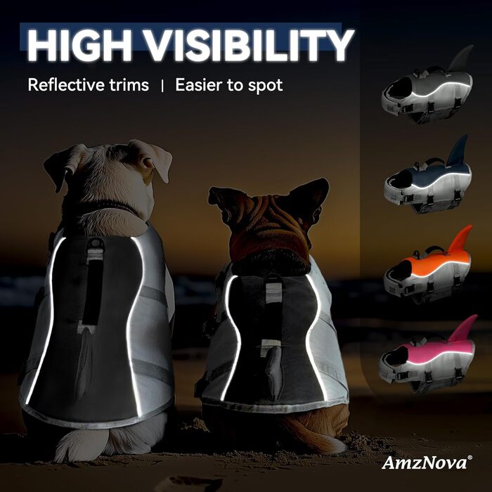 AMZNOVA Жилет для плавання собак 'Shark', з плавниками та хвостом акули, рятувальний жилет для собак, для катання на човні, допомога у плаванні, L, Сірий (66-81 см)