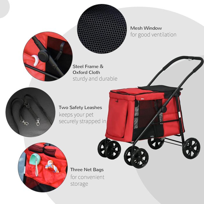 Дитяча візок для тварин PawHut: зручний, з гальмом, 600D Oxford, сталь, червоний