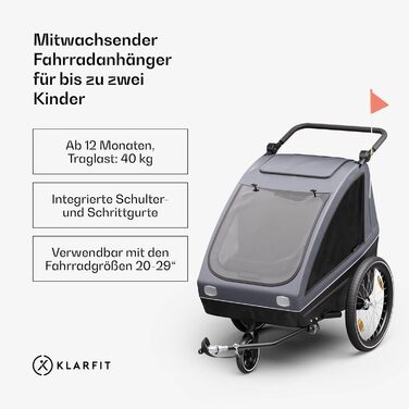 Klarfit GoKiddo: Дитячий велопричіп для 2 дітей - 2-в-1 (велопричіп та візок) з гальмами, ременями безпеки, регульованими сидіннями, 40 кг вантажопідйомністю, захистом від дощу та UV-променями, складаний, темно-сірий