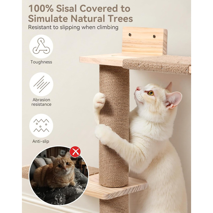 Кігтеточка PawGiant з 5 ярусів, кріпиться до стіни, 213 см, з сизалю, платформами, для котів середніх розмірів