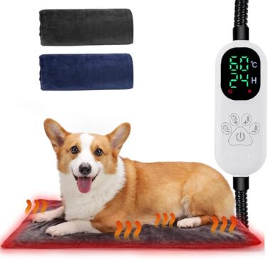 Кілимок-грілка для домашніх тварин 45x45 см – тепла ковдра для собак та котів, регулювання температури 30–60°C, таймер 0–12/24 години, захист від укусів, міцний кабель 1,8 м, 2 знімні чохли, регулювання температури 30–60°C (з кроком 1°C)