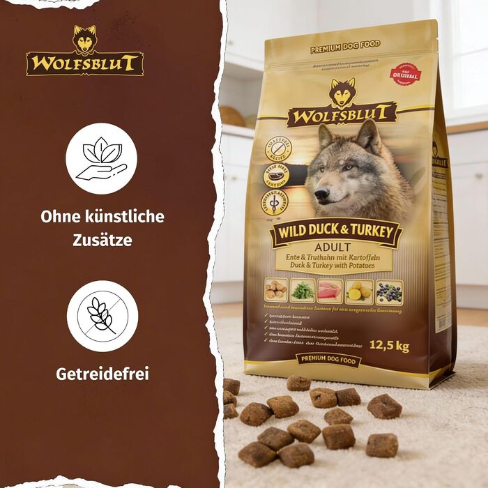 Сухий корм для дорослих собак WOLFSBLUT Wild Duck & Turkey з качкою та індиком, беззерновий, 12.5 кг
