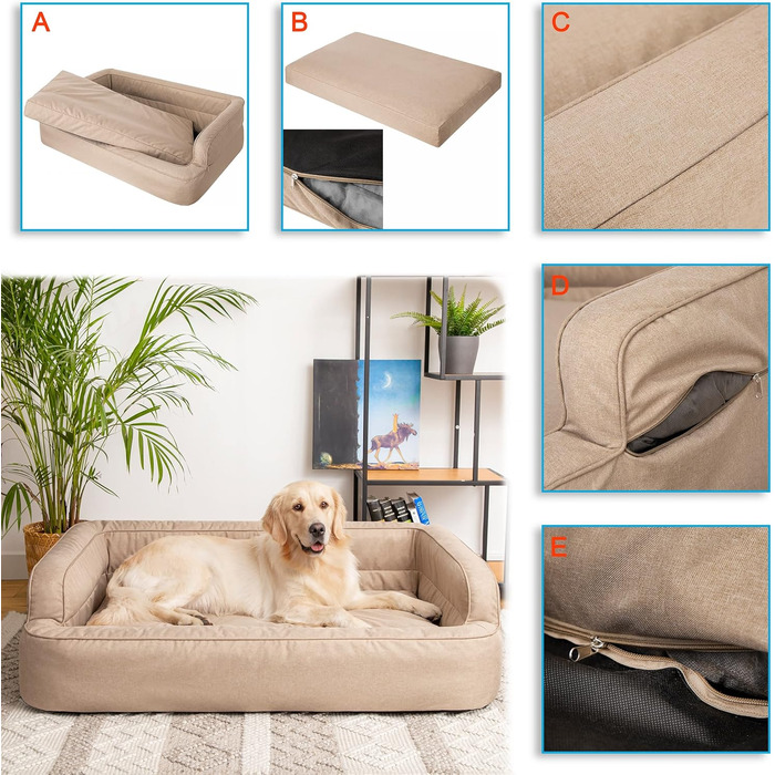Ліжко для собак PillowPrim XXL 117x79 см, знімний чохол, бежеве, лежак для котів і собак, меблі для тварин