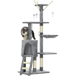 Кігтеточка PawHut для котів, 134,2 см, багатоярусна з печерою, 2 іграшки, сизаль, велика платформа, сходи, сірий+білий