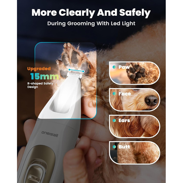 Машинка для стрижки собак і котів oneisall 4-в-1 з LED-підсвічуванням, триммер для лап та точилка для кігтів, акумулятор 2000mAh (біла)