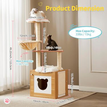 Made4Pets Котячий комплекс з туалетом, 2-в-1 сучасний котячий будиночок для кімнатних котів, 123,4 см, дерев'яний кондо з дряпаком, гамаком і знімною килимкою для великих котів