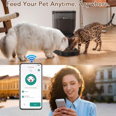 Автоматична годівниця для котів Olfjurk 4L з WiFi, керування через додаток, до 6 годувань на день, для котів і собак, зі сталевою мискою, чорна
