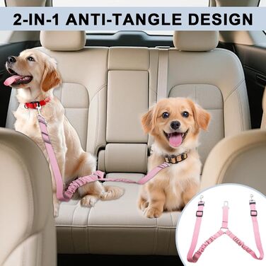 Ремінь безпеки для собак у машину, подвійний, еластичний, регульований, з амортизатором та карабіном для маленьких та середніх собак (рожевий)