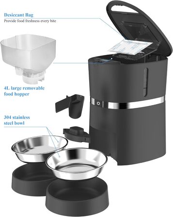 Автоматичний годівниця для котів та собак WellToBe Smart з Wi-Fi, таймером, функцією запису голосу та керуванням через додаток, до 6 прийомів їжі на день (чорний)