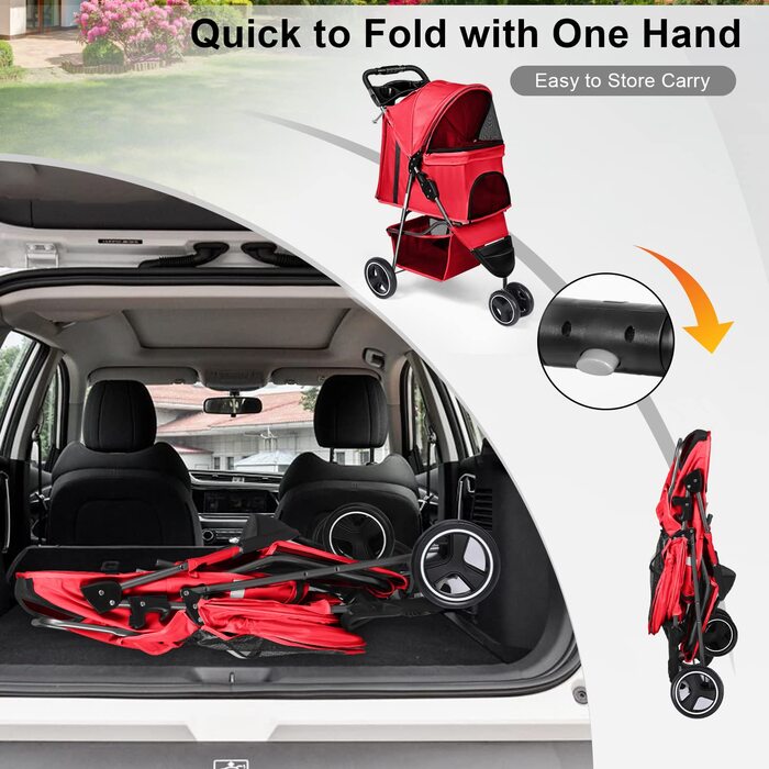 Дитяча коляска для тварин, складана, для котів/собак, з кошиком для зберігання та тримачем для напоїв, 3 колеса, для собак та котів, для маленьких або середніх собак, котів, цуценят (Червона)