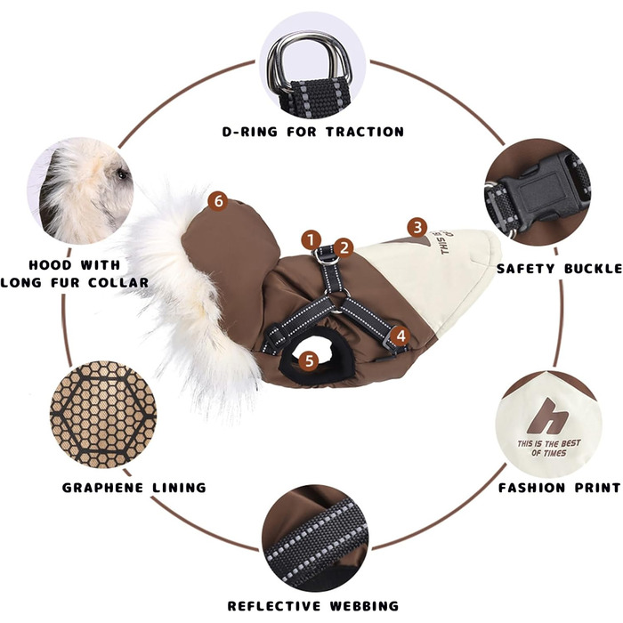 Водонепроникний жилет для собак з капюшоном, теплий жилет з шлейкою для собак, теплий та м'який, коричневий, S-3XL