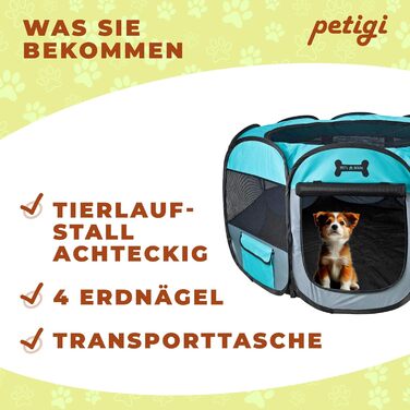 Манеж для цуценят Petigi XL 115x115x65 см, 8-кутний, зелений, для собак, котів, гризунів, легкий у догляді