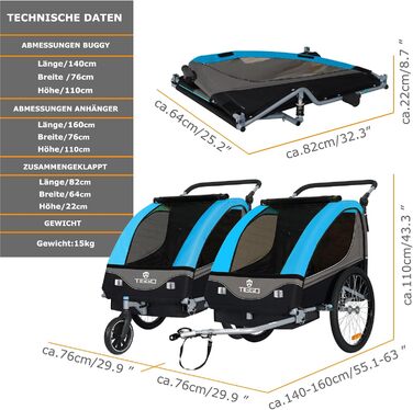 Причіп для дитячої коляски Tiggo S2 з підвіскою, 2-в-1, для бігу та велосипеда, причіп-трансформер, поворот на 360°, блакитний