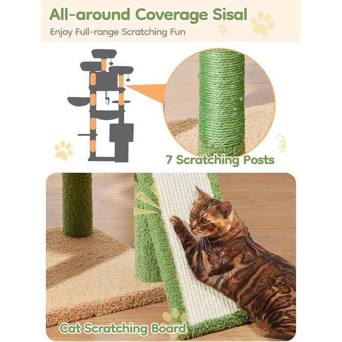 Кігтеточка для котів Taoqimiao 193 см, велика, XXL, з будиночками, гамаком, кошиком та 7 стовпчиками для заточування кігтів, сірий/зелений (MS047G)