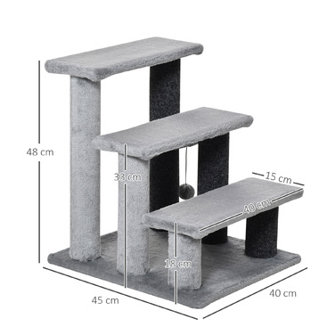 PawHut Cat Stairs Pet Stairs Сходи для собак 3 сходинки з іграшковим м'ячем Плюш сірий 45x40x48см для котів та собак