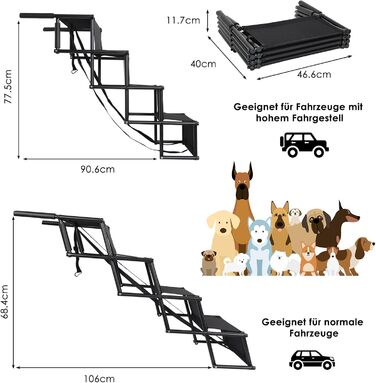 Сходи для собак Caliyo, 4 сходи, авто, до 75 кг, чорний, регульована висота, для великих собак, для авто, диванів та ліжок