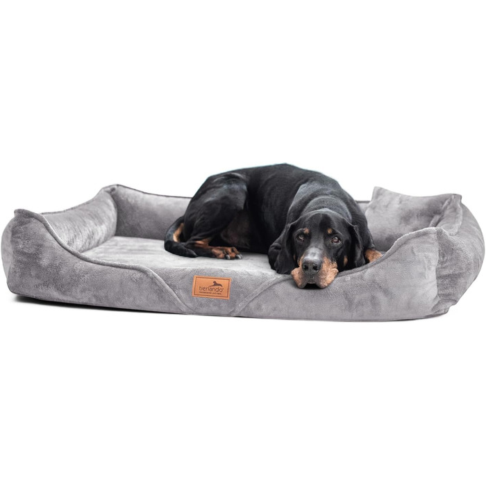 Ортопедичне ліжко для собак Tierlando® Tyson Teddy – м'яке собаче ліжко-софа з знімним чохлом, вийманою матрацом з віскоеластичної піни та ергономічним входом. Розмір: 130x100 см, колір: сірий (06). Внутрішні розміри: 100x80 см.