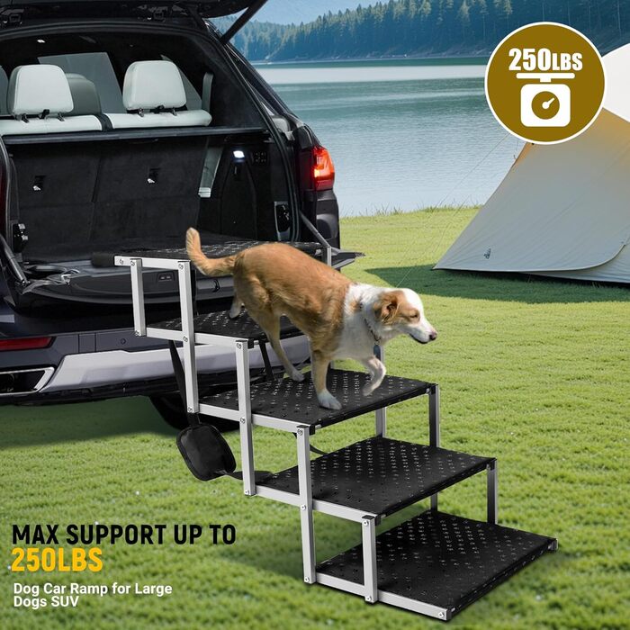 Сходинка для собак у машину – широка, складна, з антиковзким покриттям, для авто, SUV, вантажівок, витримує до 113 кг, 5 сходинок, срібна