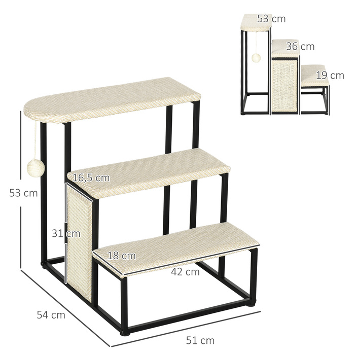 PawHut Pet Stairs 3-ступінчасті сходинки для кішок Сходи для собак з кігтеточкою та ігровим м'ячем зі сталі та сизалю 51x54x53см для котів та собак