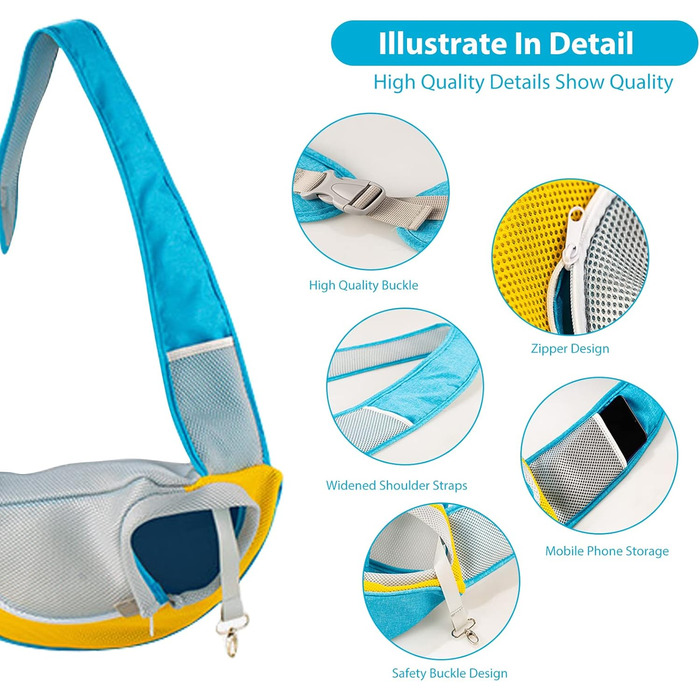 PETCUTE Сумка-переноска для собак, блакитна. Зручна переноска для цуценят та малих собак, з регульованою ручкою та безпечною шлейкою. Має дихаючу сітку та передню кишеню. Ідеально для прогулянок на свіжому повітрі.