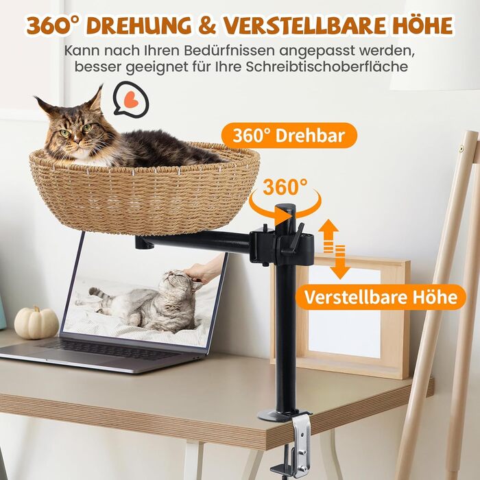 Кігтеточка-ліжко для кота на стіл: обертання 360°, регульована висота, без свердління. Підвищене котяче ліжко над столом. Тримає кошеня/кота поруч. Зручне ліжко для кота з подушкою для тварин.