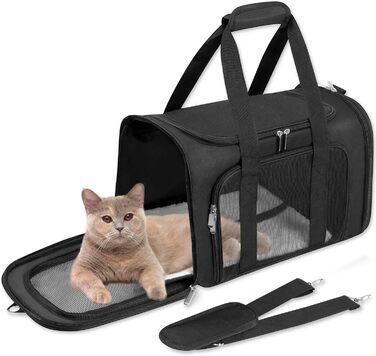 Транспортна сумка для котів/собак/домашніх тварин, складна, для великих котів/маленьких собак, з плечовим ременем та знімною підстилкою, сітчаста переноска для цуценят, до 7,3 кг, чорний колір, розмір M (43*28*28 см)