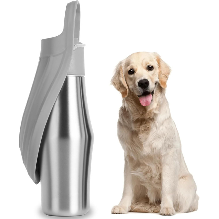 Водяна пляшка для собак на прогулянці 750 мл - не протікає, з нержавіючої сталі, з подвійними стінками, ізольована, сіра