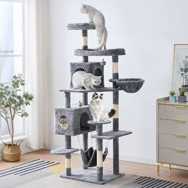 Котячий комплекс 181,9 см для домашніх котів, багаторівнева когтеточка з сизалевими стовпчиками, ігровий центр з плюшевими сидіннями, сірий