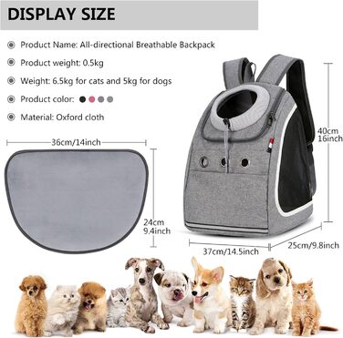 PETCUTE Рюкзак для собак та котів - переноска для маленьких тварин, сірий, для подорожей, кемпінгу та прогулянок