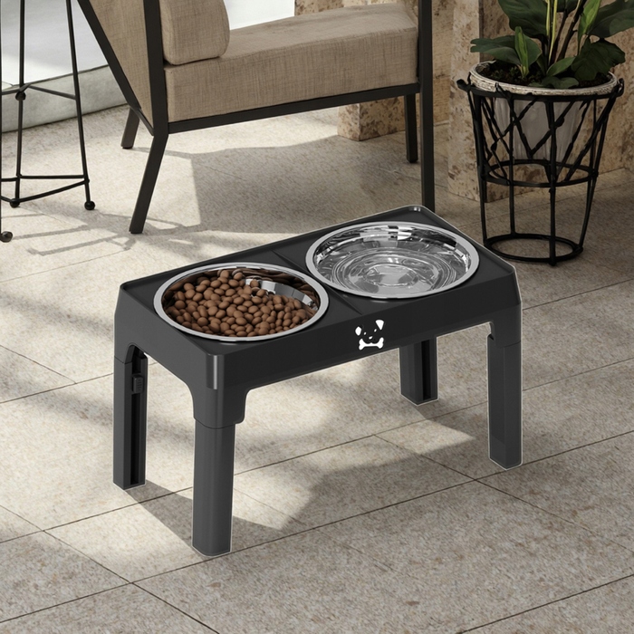 Подвійна регульована миска для великих собак на підставці, металева, 2x1л